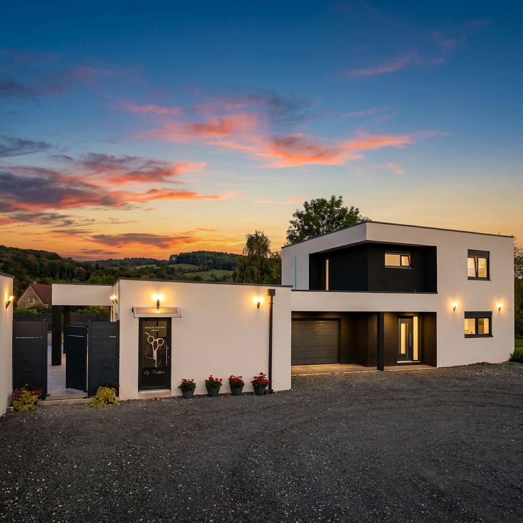 Maison contemporaine blanche avec volume noir à l’étage, garage et appliques murales allumées au crépuscule