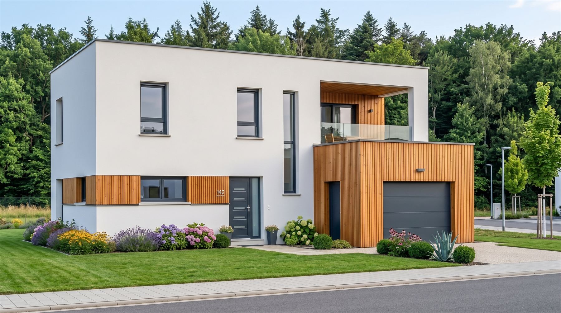 Maison cubique à toit plat, enduit blanc, bardage mélèze vertical sur le volume garage, balcon vitré, menuiseries anthracite et jardin fleuri