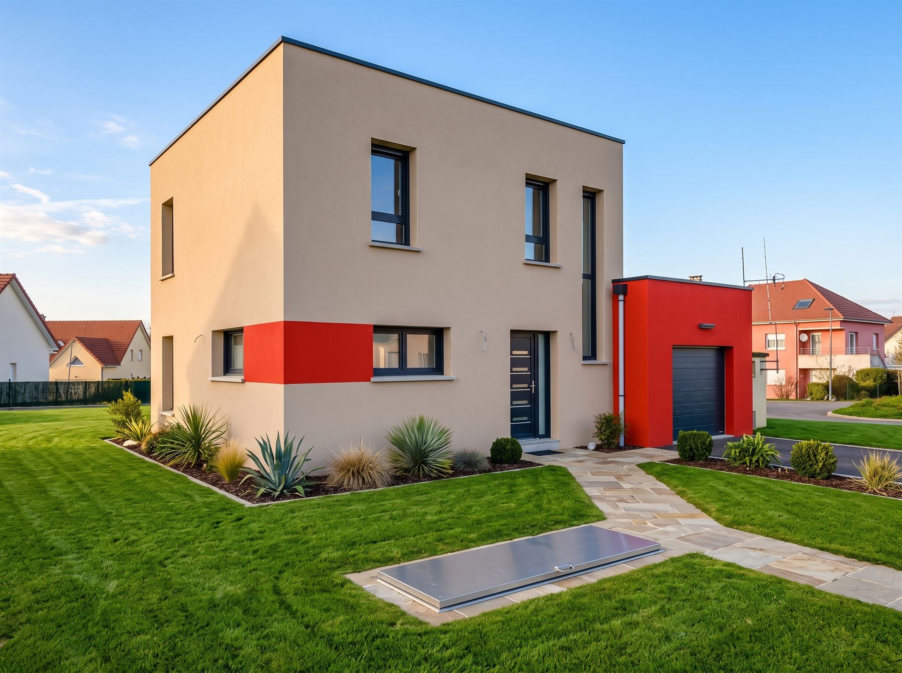Maison cubique en enduit beige avec bandeau rouge et volume garage rouge, pelouse et allée en pierre